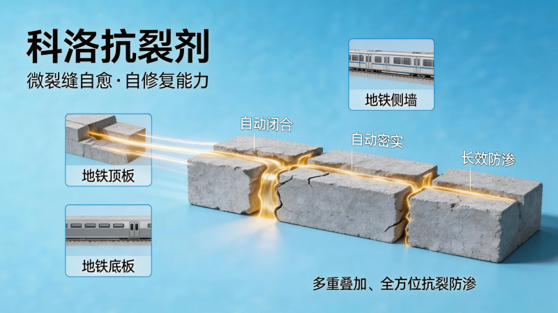 科洛抗裂劑，同時保護 底板 · 頂板 · 側墻 —— 全方位抗裂防滲