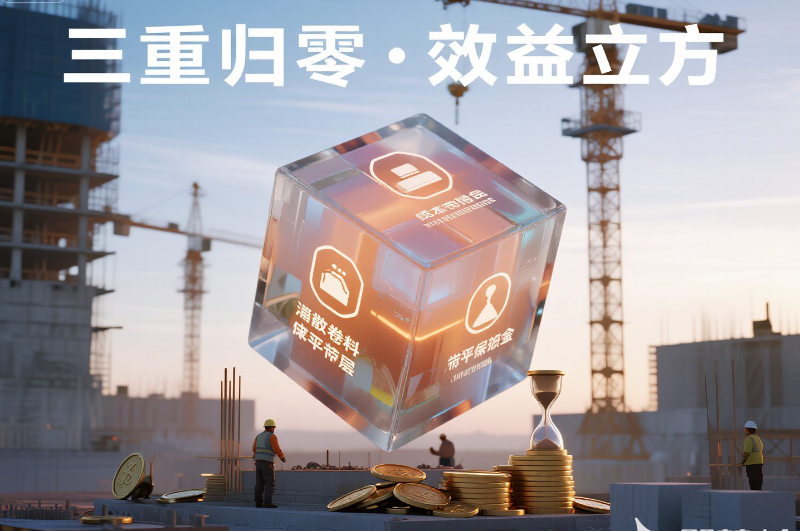 成本效益可視化 _三重歸零 · 效益立方_ 立體透明魔方懸浮空中：三個面...